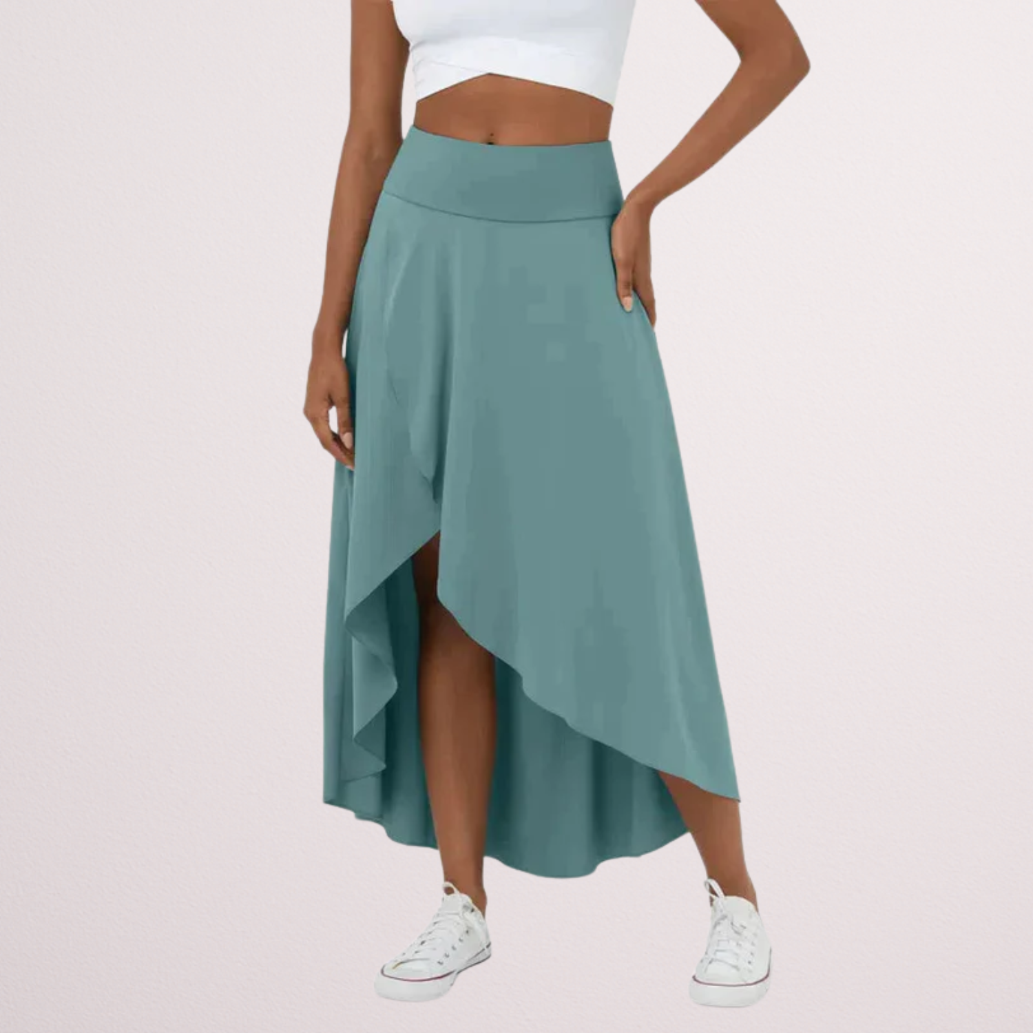 Fara | Casualna midi spódnica z wysokim stanem i niskim falbanowym dołem